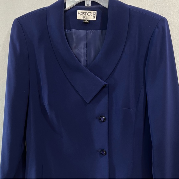 Kasper Coat Style Navy Dress V Neck Button Down Front Criss-Cross Collar Pockets - Picture 7 of 8